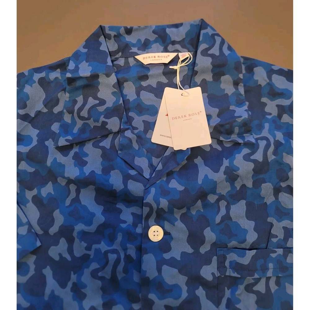 DEREK ROSE London Short Sleeve‎ Button Down Shirt Shortie Camo NWT Blue